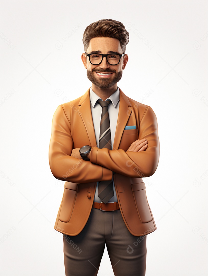 Homem de negócios 3d feliz cruzou os braços em 3d transparente