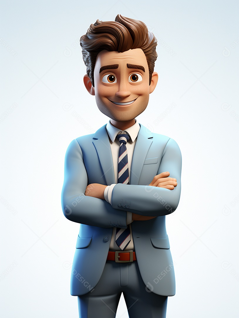 Homem de negócios 3d feliz cruzou os braços em 3d transparente