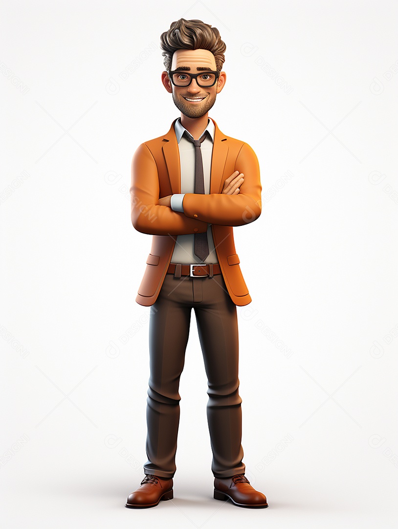 Homem de negócios 3d feliz cruzou os braços em 3d transparente