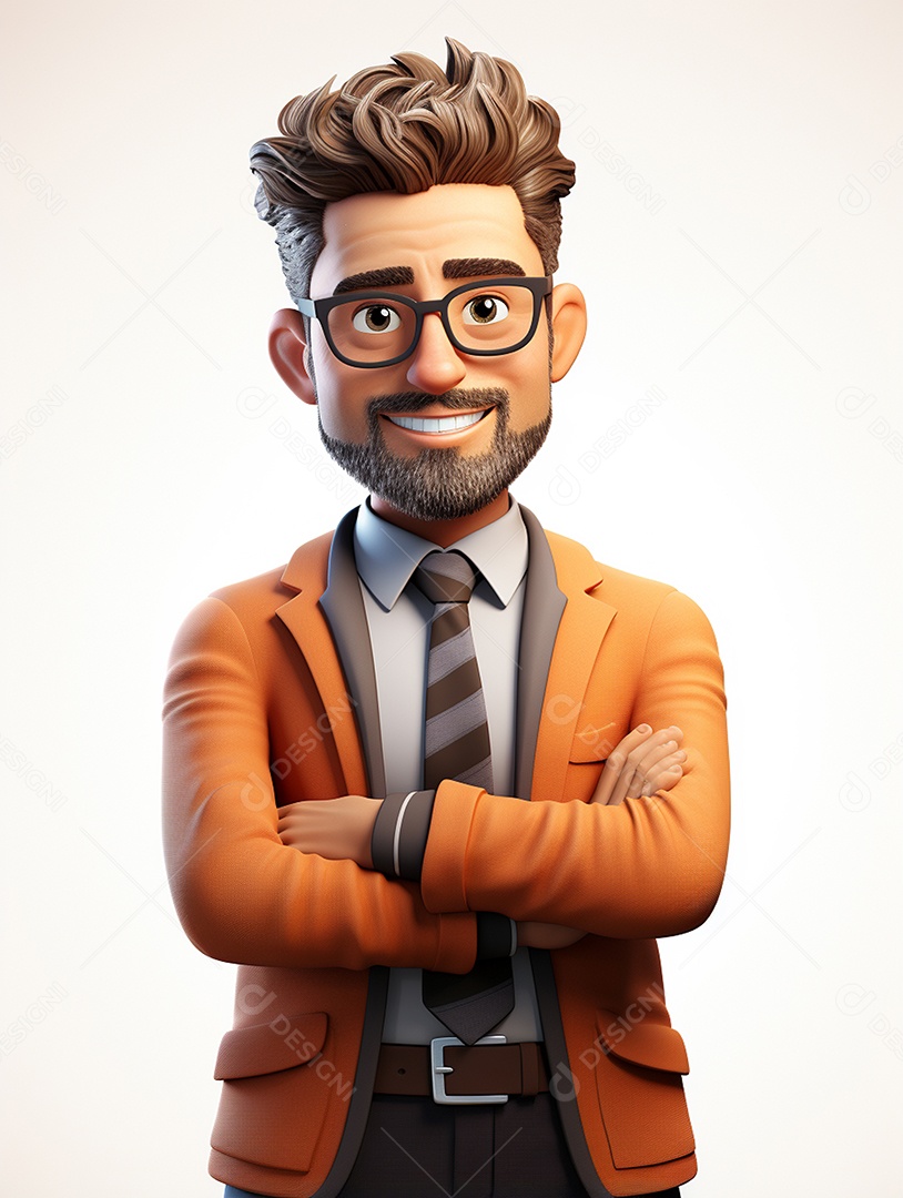 Homem de negócios 3d feliz cruzou os braços em 3d transparente