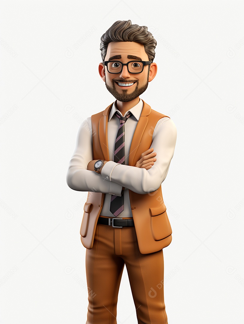 Homem de negócios 3d feliz cruzou os braços em 3d transparente