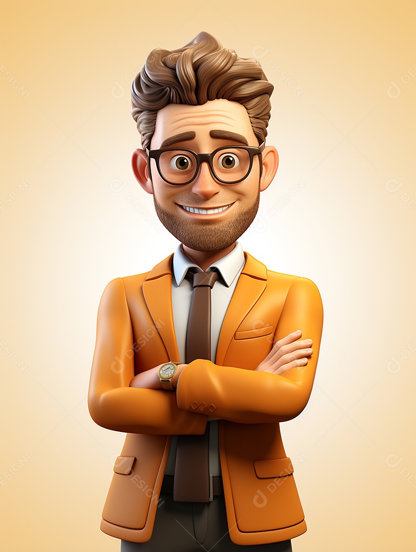 Homem de negócios 3d feliz cruzou os braços em 3d transparente