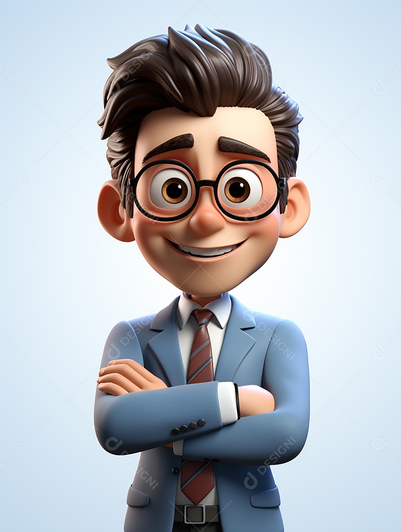 Homem de negócios 3d feliz cruzou os braços em 3d transparente