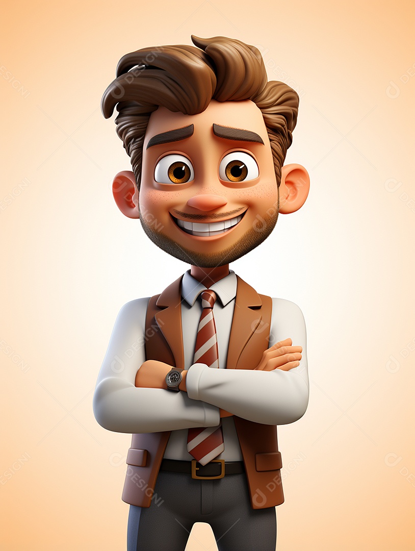 Homem de negócios 3d feliz cruzou os braços em 3d transparente