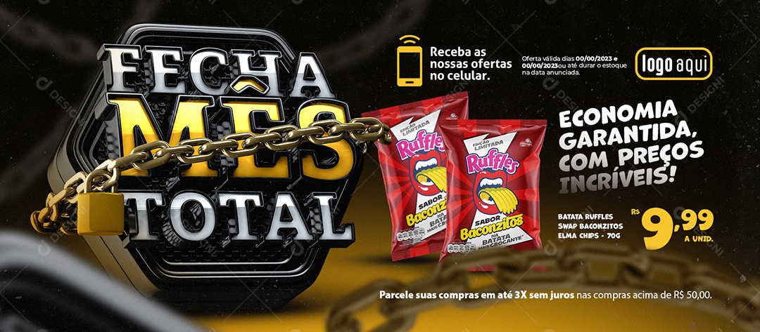 Social Media Banner Fecha Mês Total Supermercado Economia Garantida com Preços Incríveis PSD Editável