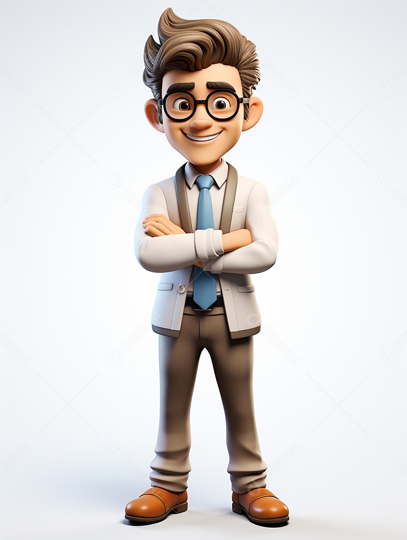 Homem de negócios 3d feliz cruzou os braços em 3d transparente