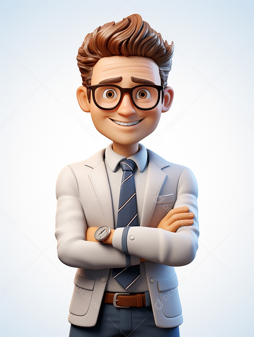 Homem de negócios 3d feliz cruzou os braços em 3d transparente