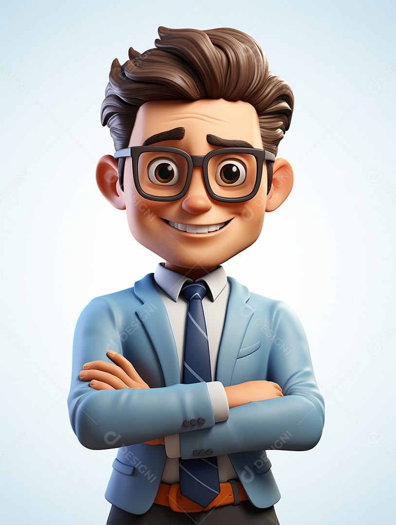 Homem de negócios 3d feliz cruzou os braços em 3d transparente