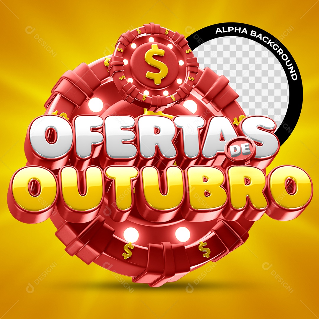 Ofertas De Outubro Selo 3D Vermelho Branco e Amarelo para Composição PSD