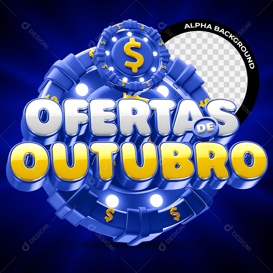 Ofertas De Outubro Selo 3D Azul Branco e Amarelo para Composição PSD