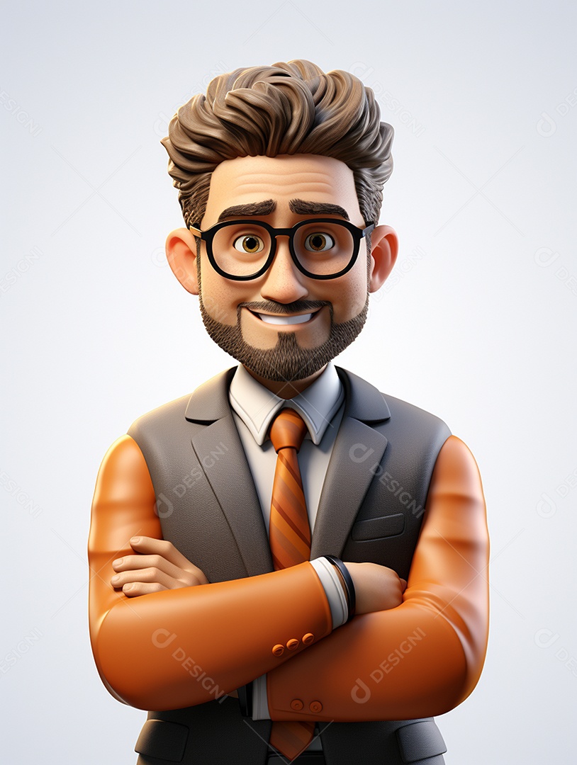 Homem de negócios 3d feliz cruzou os braços em 3d transparente