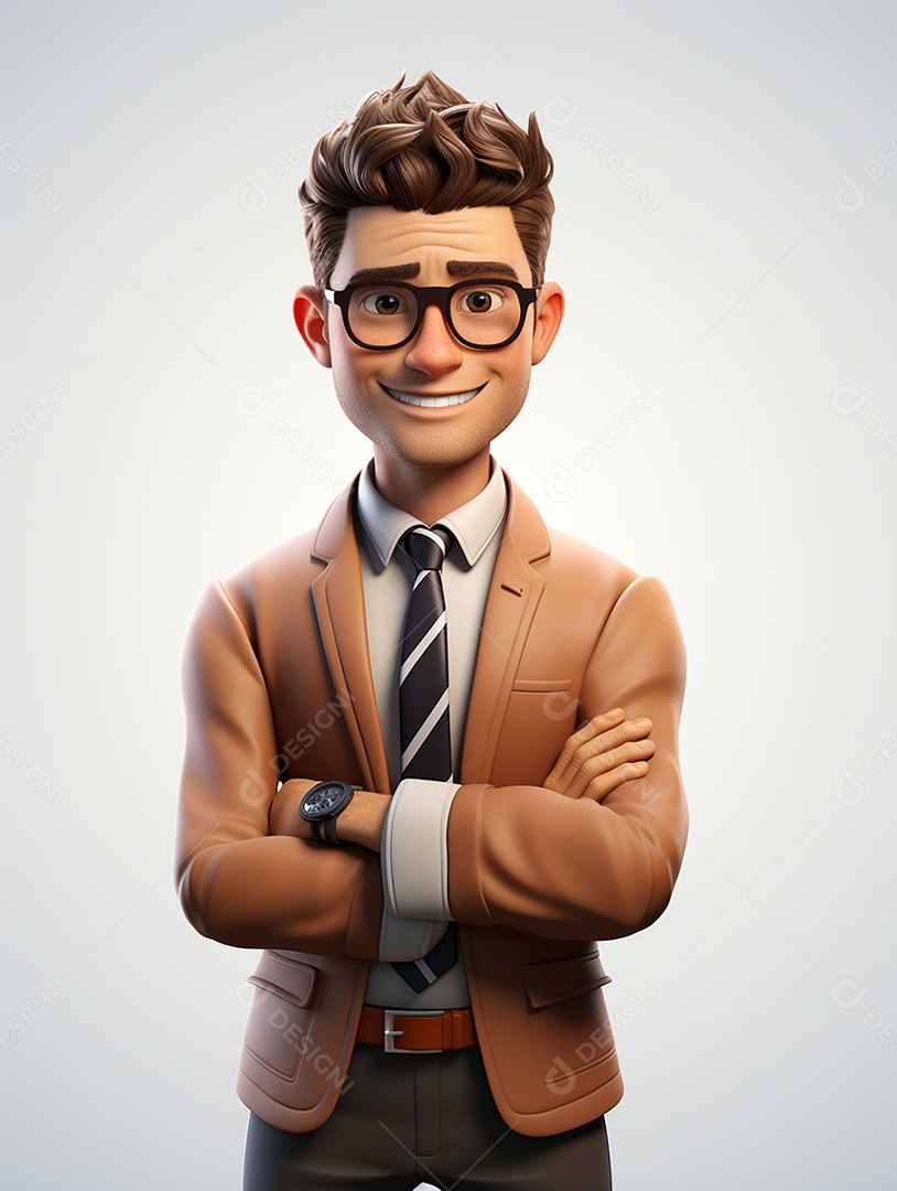 Homem de negócios 3d feliz cruzou os braços em 3d transparente