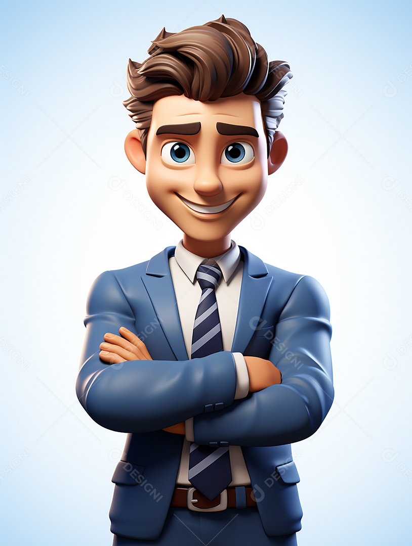 Homem de negócios 3d feliz cruzou os braços em 3d transparente