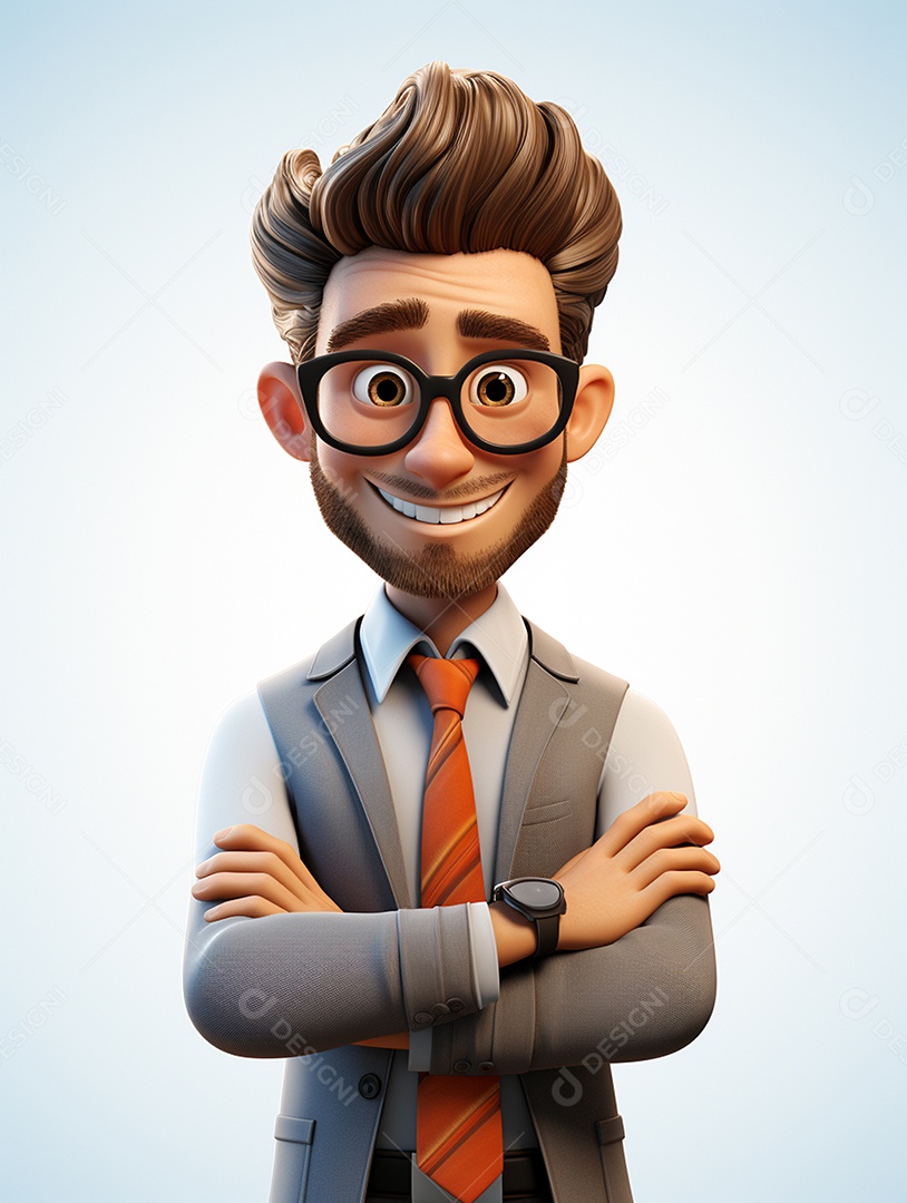 Homem de negócios 3d feliz cruzou os braços em 3d transparente