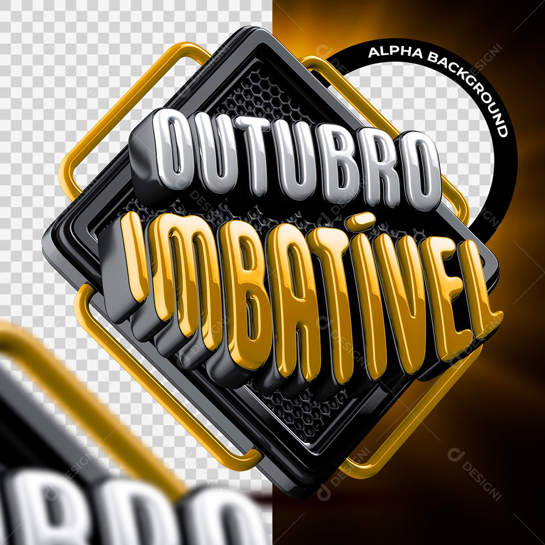 Outubro Imbatível Selo 3D Branco Dourado e Preto para Composição PSD