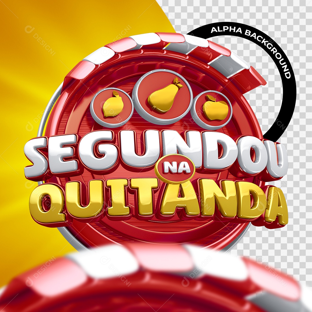 Segundou na Quitanda Selo 3D Branco Dourado e Vermelho para Composição PSD