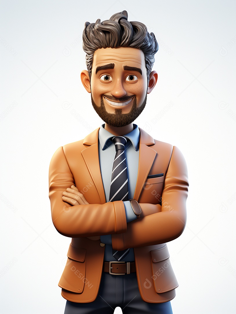 Homem de negócios 3d feliz cruzou os braços em 3d transparente