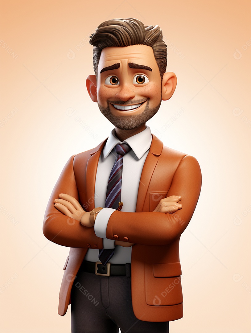 Homem de negócios 3d feliz cruzou os braços em 3d transparente