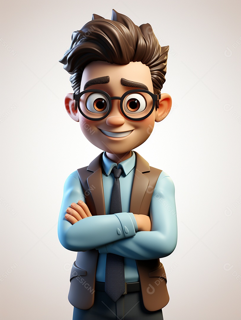 Homem de negócios 3d feliz cruzou os braços em 3d transparente