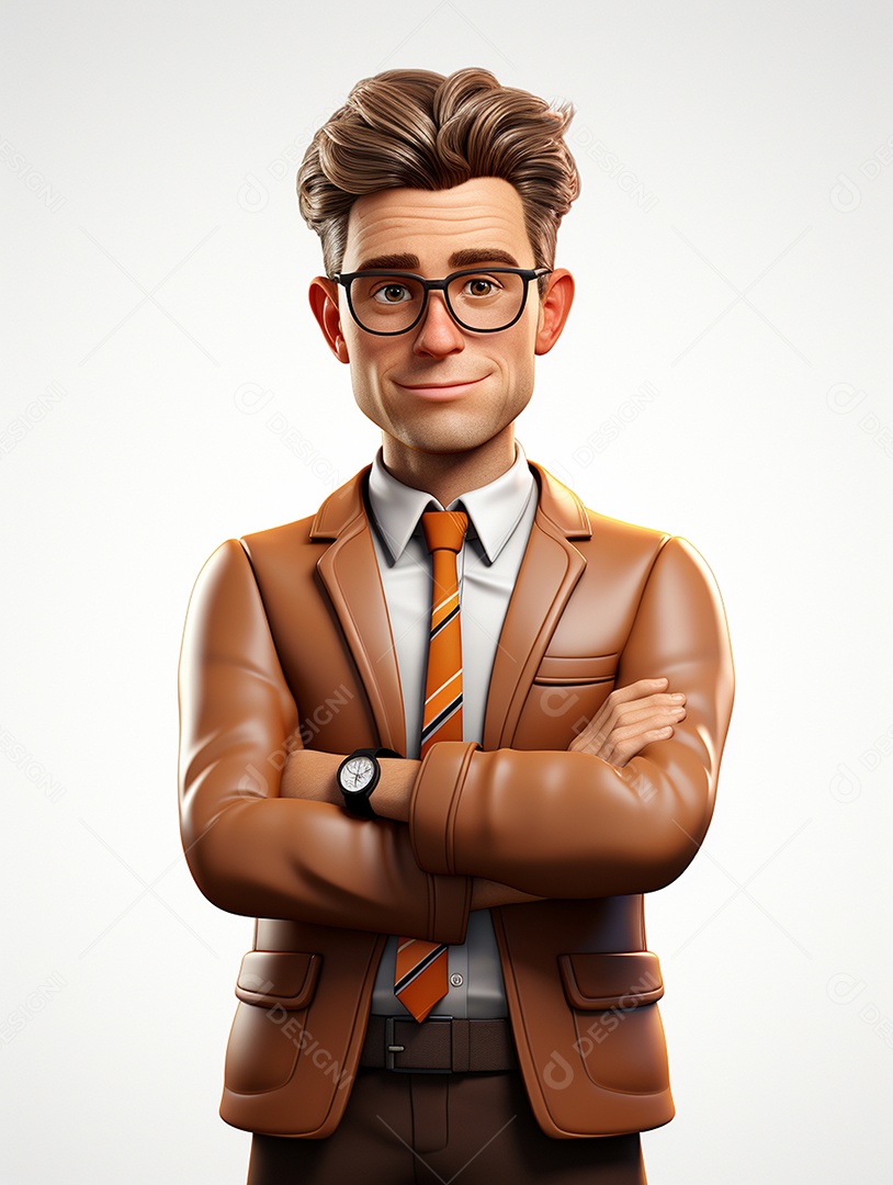 Homem de negócios 3d feliz cruzou os braços em 3d transparente