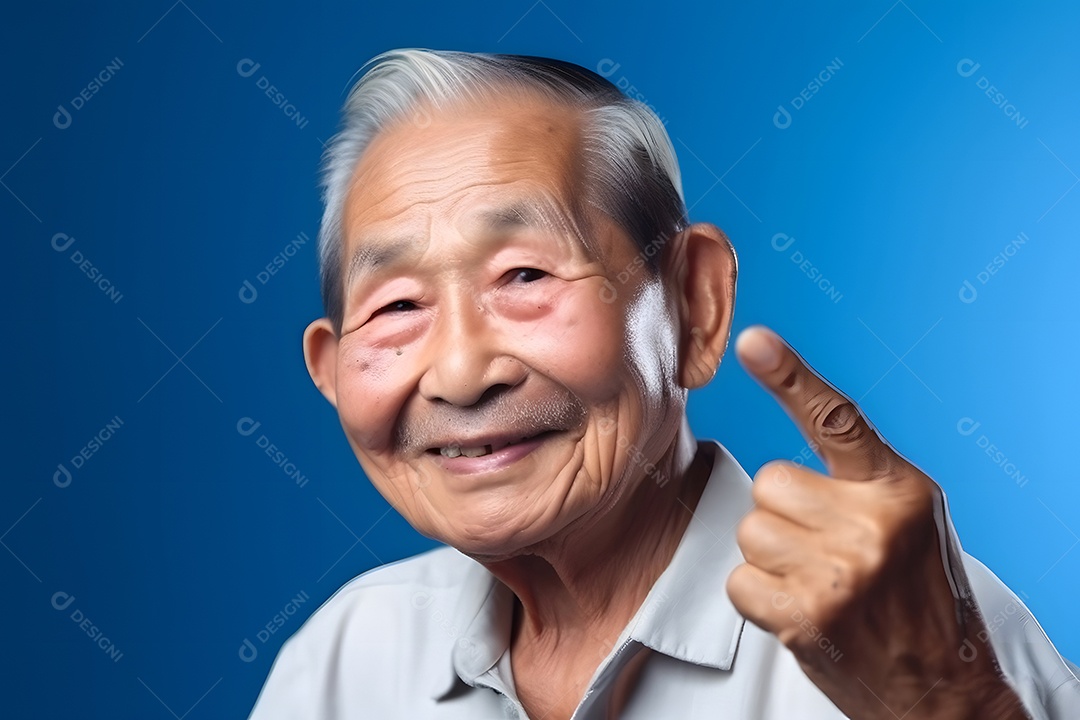 Avô asiático olhando e sorrindo com o dedo indicador erguido sobre fundo azul.
