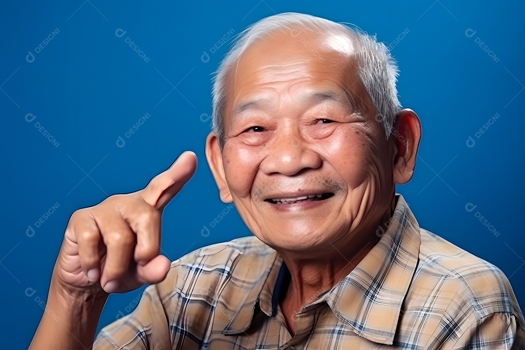 Avô asiático olhando e sorrindo com o dedo indicador erguido sobre fundo azul.