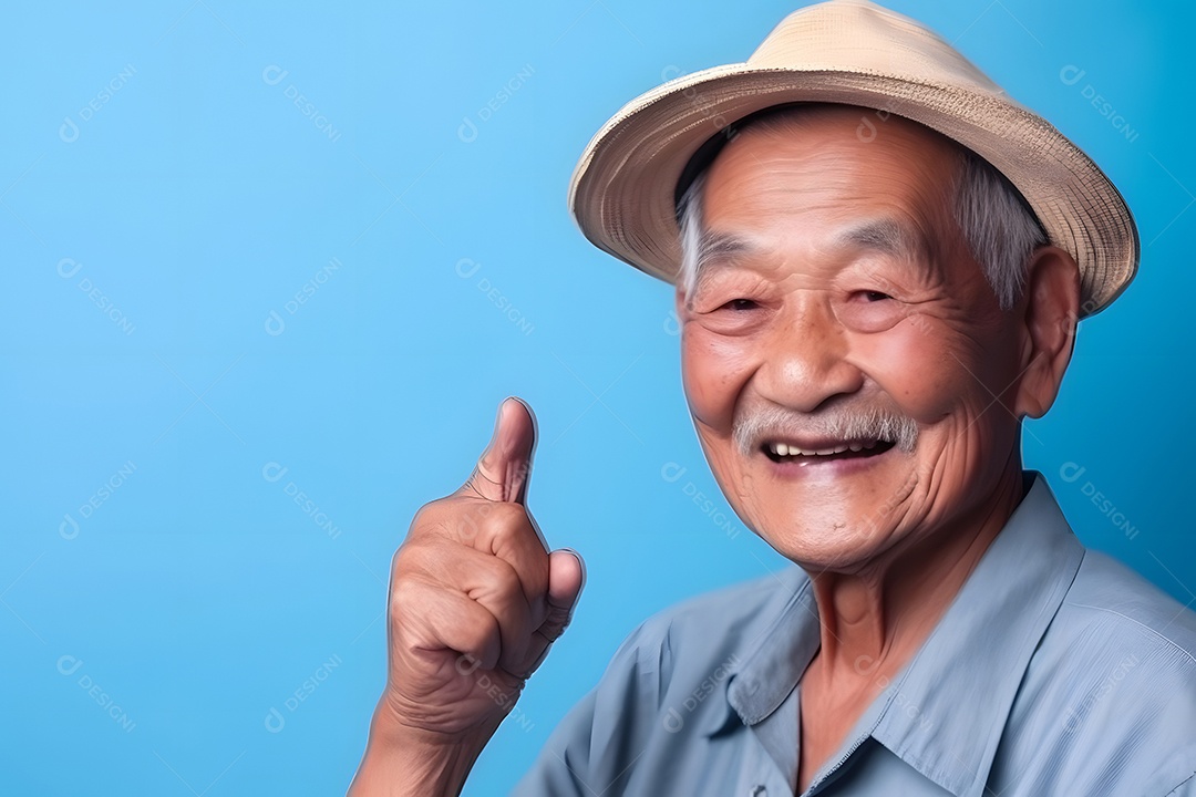 Avô asiático olhando e sorrindo com o dedo indicador erguido sobre fundo azul.