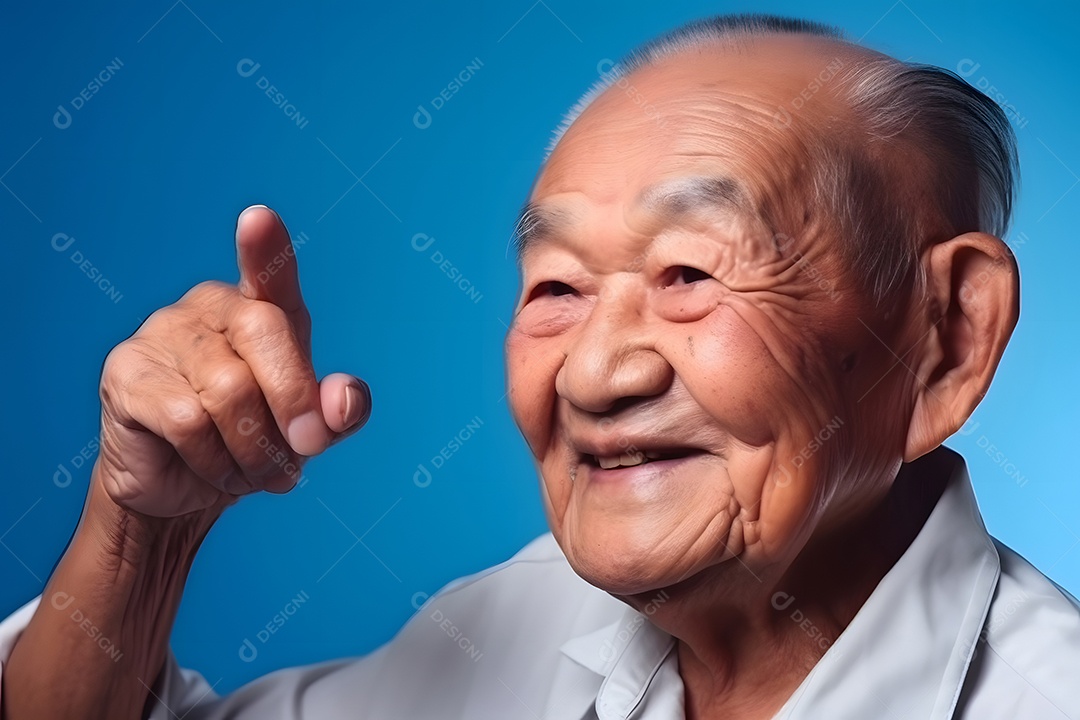 Avô asiático olhando e sorrindo com o dedo indicador erguido sobre fundo azul.
