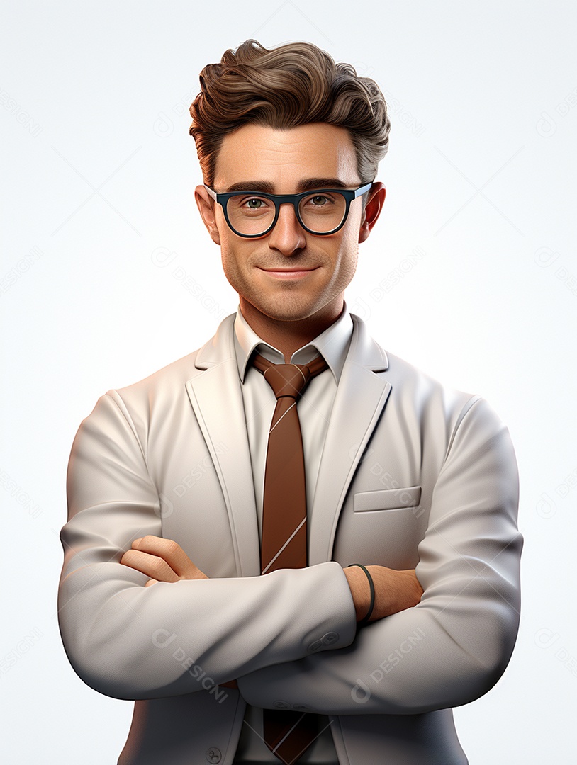 Homem de negócios 3d feliz cruzou os braços em 3d transparente