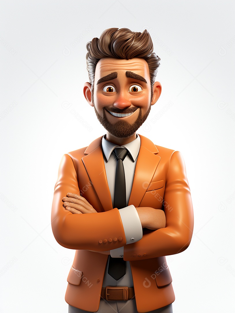 Homem de negócios 3d feliz cruzou os braços em 3d transparente