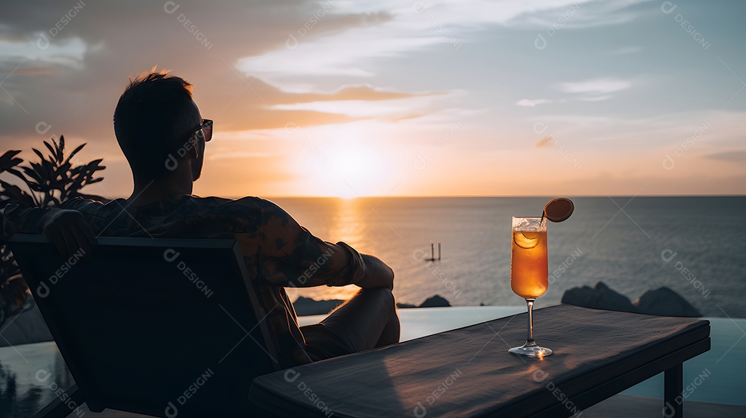 Homem caucasiano, rico, bonito e bem-sucedido relaxando em um resort de praia no verão com um coquetel.