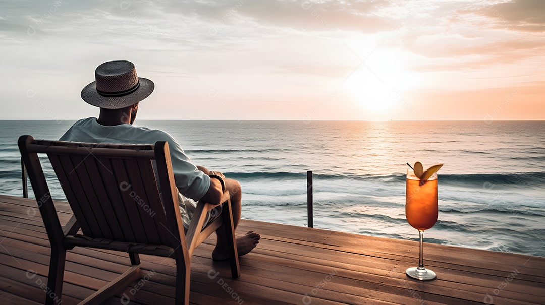 Homem caucasiano, rico, bonito e bem-sucedido relaxando em um resort de praia no verão com um coquetel.
