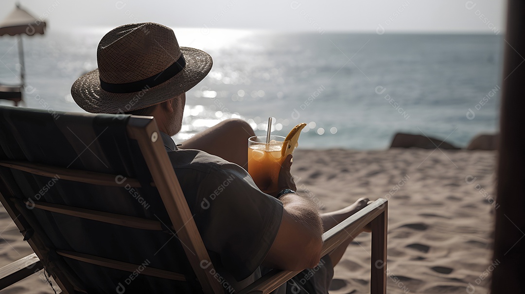 Homem caucasiano, rico, bonito e bem-sucedido relaxando em um resort de praia no verão com um coquetel.