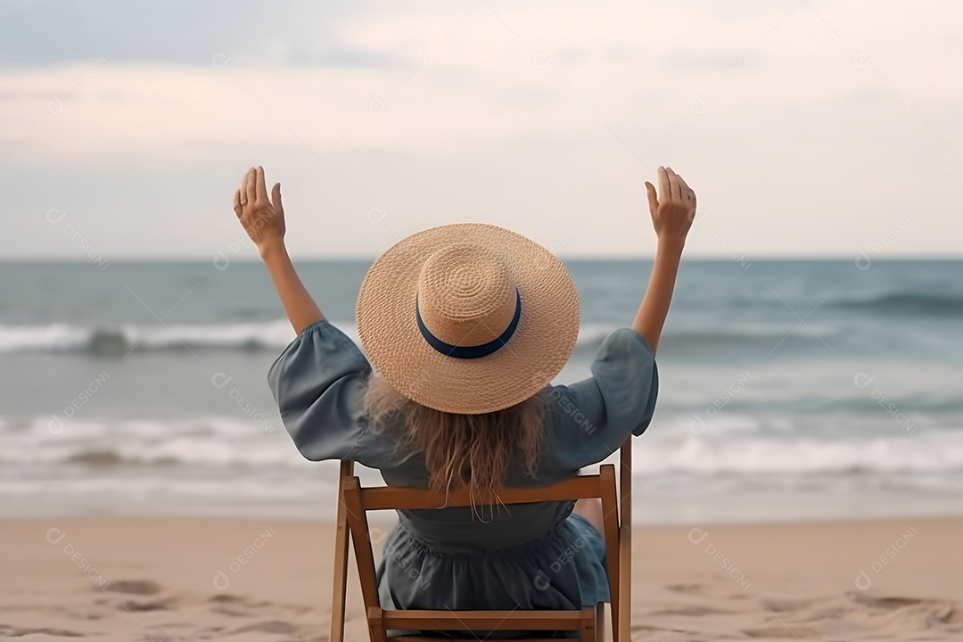 Conceito de férias de verão na praia. Vista traseira de uma mulher usando chapéu de sol e com as mãos erguidas em uma espreguiçadeira.
