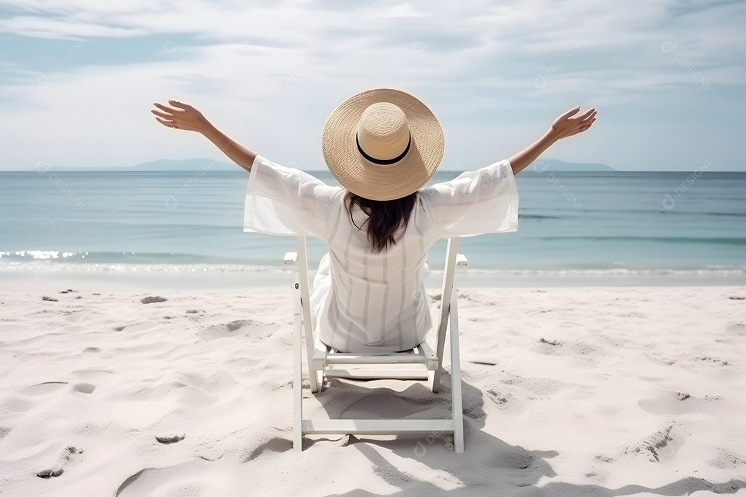 Conceito de férias de verão na praia. Vista traseira de uma mulher usando chapéu de sol e com as mãos erguidas em uma espreguiçadeira.
