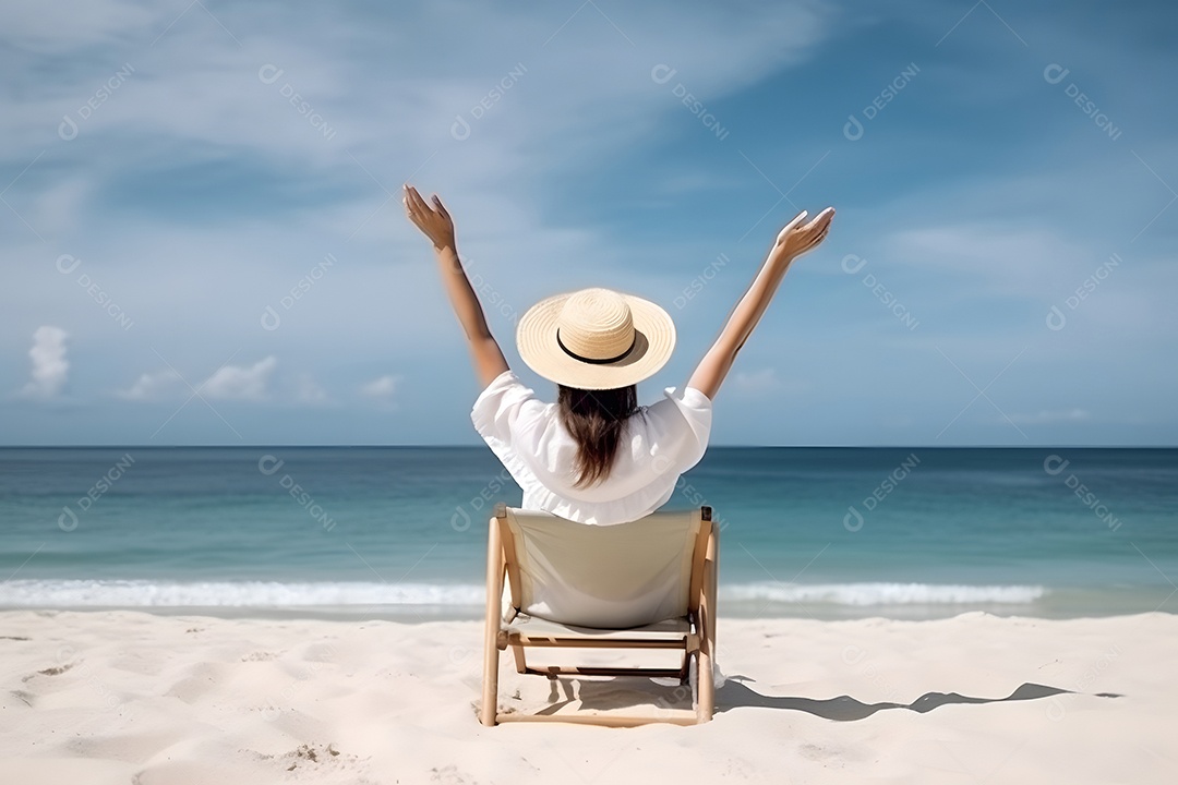 Conceito de férias de verão na praia. Vista traseira de uma mulher usando chapéu de sol e com as mãos erguidas em uma espreguiçadeira.