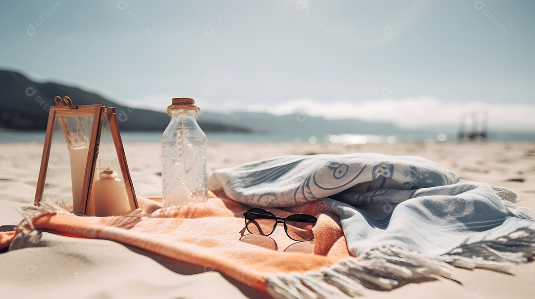 Cena de férias de verão em uma praia ensolarada com toalha e óculos de sol.