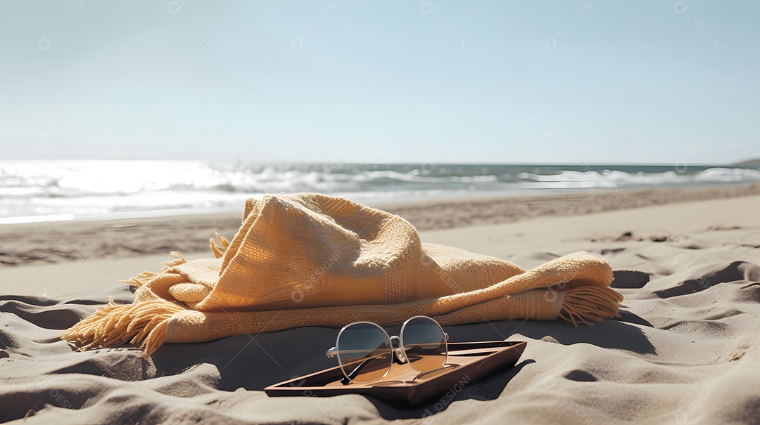 Cena de férias de verão em uma praia ensolarada com toalha e óculos de sol.
