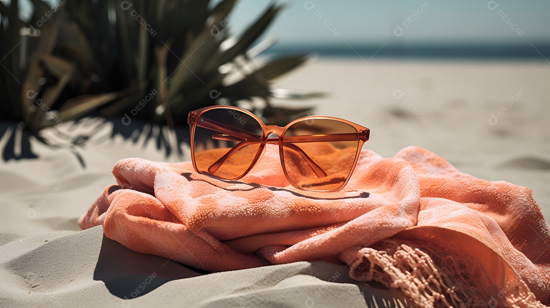 Cena de férias de verão em uma praia ensolarada com toalha e óculos de sol.