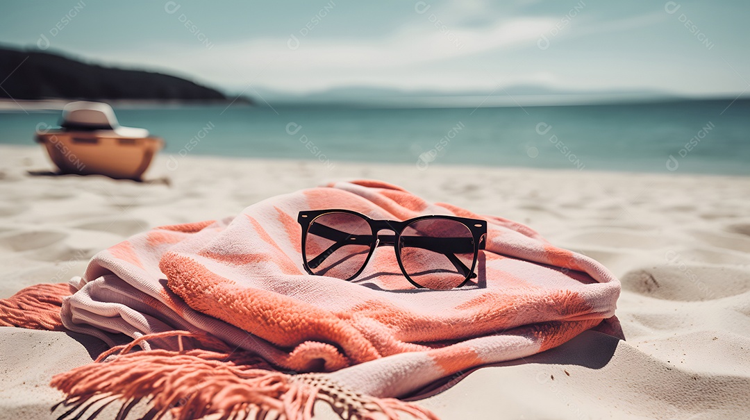 Cena de férias de verão em uma praia ensolarada com toalha e óculos de sol.