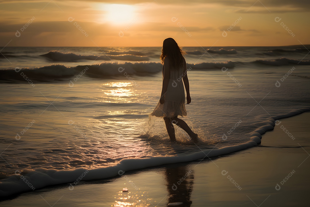 Jovem mulher caucasiana romântica, loira, de cabelos longos, em um vestido branco claro, caminhando na praia ao pôr do sol, surfando.