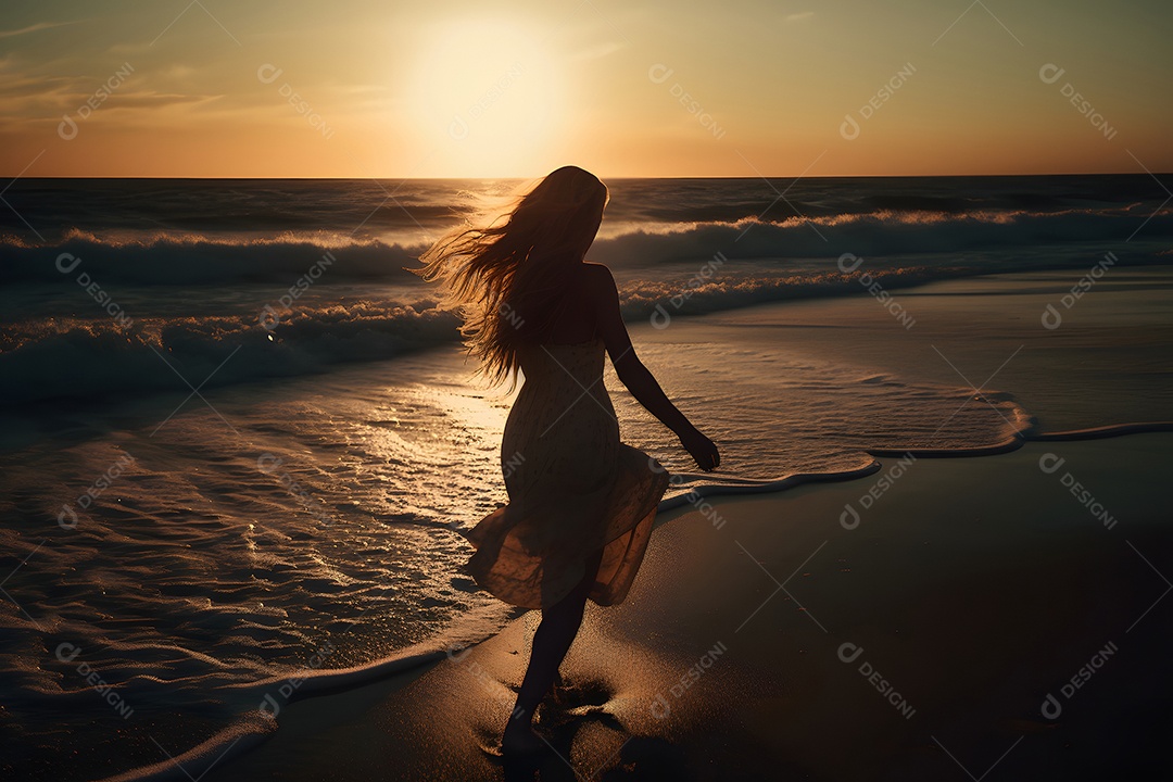 Jovem mulher caucasiana romântica, loira, de cabelos longos, em um vestido branco claro, caminhando na praia ao pôr do sol, surfando.
