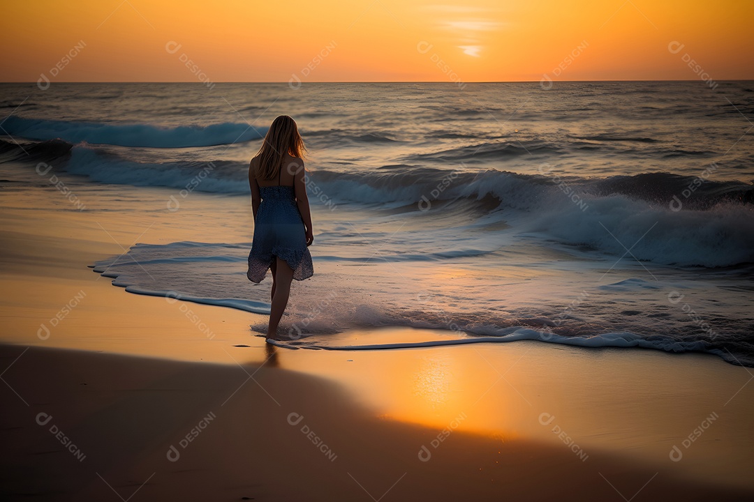 Jovem mulher caucasiana romântica, loira, de cabelos longos, em um vestido branco claro, caminhando na praia ao pôr do sol, surfando.