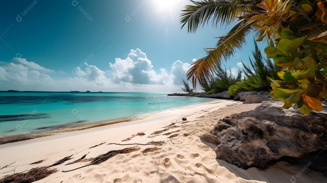 Praia tropical com areia branca, céu azul e água turquesa.