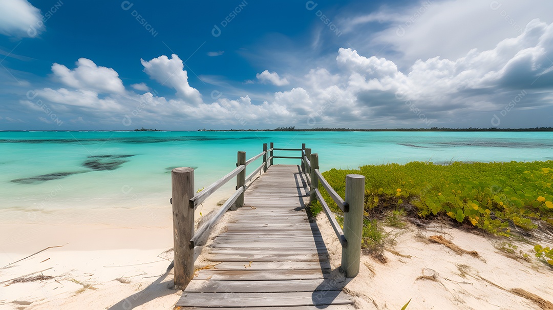 Praia tropical com areia branca, céu azul e água turquesa.