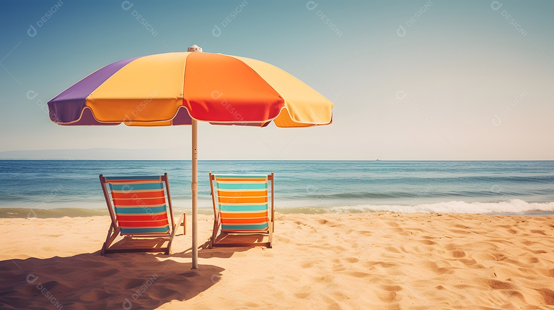 Guarda-sol com cadeiras na areia da praia - cabeçalho com tema de férias de verão