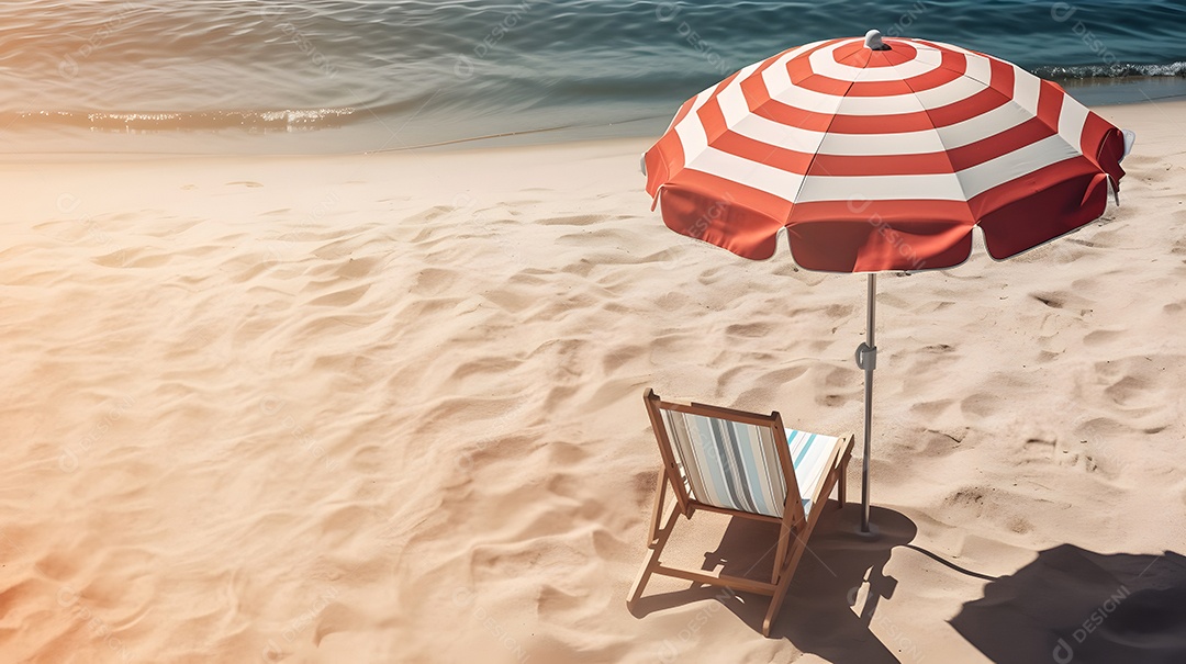 Guarda-sol com cadeiras na areia da praia - cabeçalho com tema de férias de verão