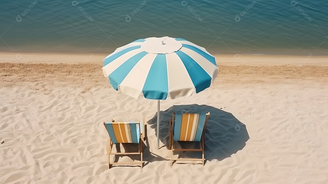 Guarda-sol com cadeiras na areia da praia - cabeçalho com tema de férias de verão