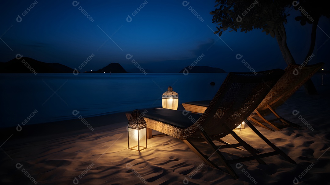 Cadeira de praia de madeira vazia na areia da praia à noite - tema de férias de verão.