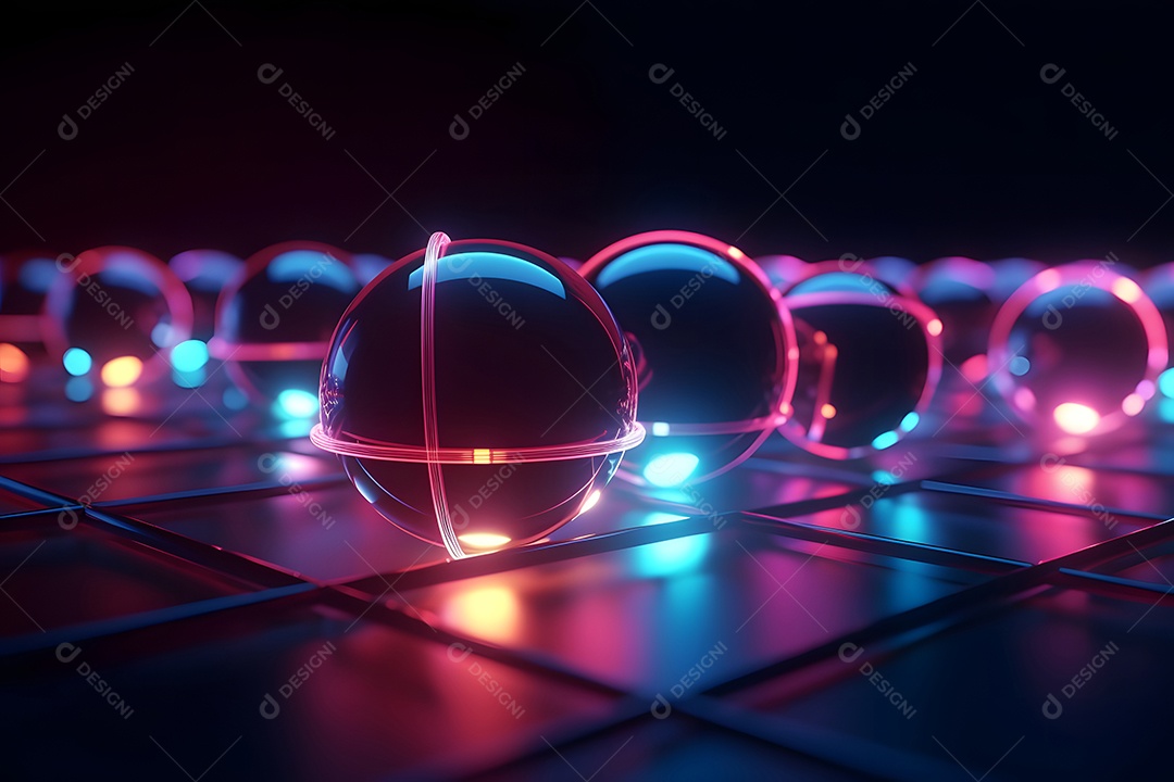 Composição minimalista abstrata com bolas brilhantes sobre fundo retangular de formas limpas.